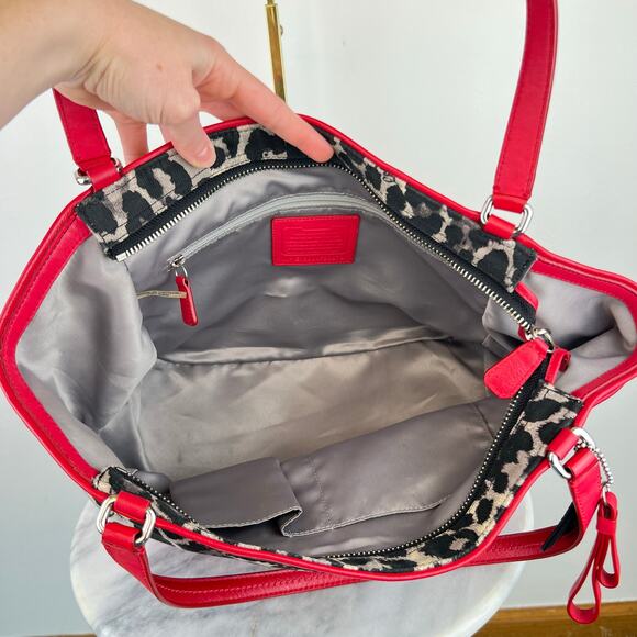 COACH Leopard Print Canvas Red Leather Tote Shoulder Purse Bag Authentic - Picture 4 of 16